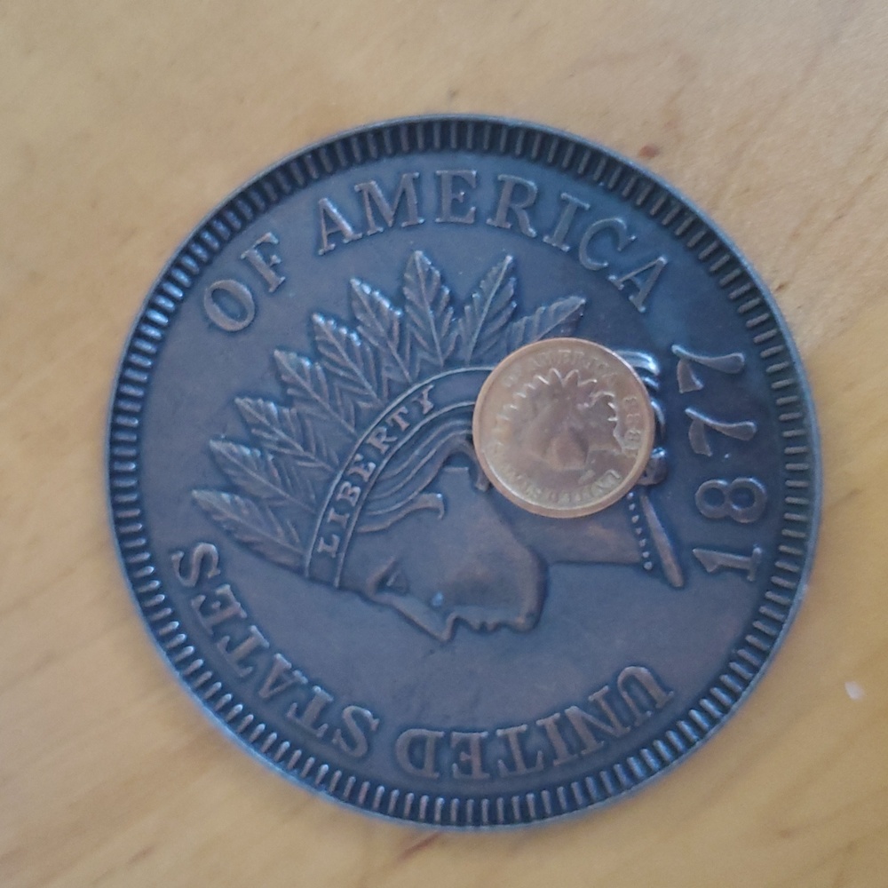 VINTAGE US 1877 REPRODUCTION 3" NOVELTY INDIAN HEAD, METAL MEDALLION - Picture 4 of 8